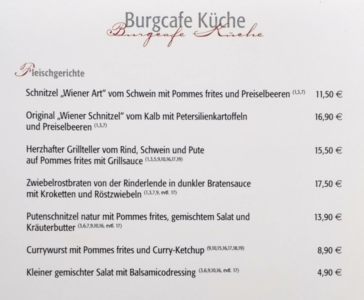 Burgcafe Burghausen menu portate principali fleischgerichte