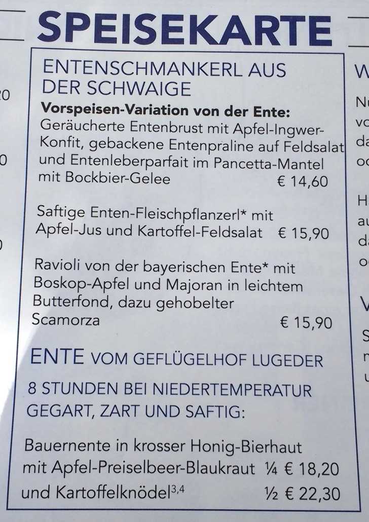 Nymphenburg Schlosswirtschaft Schwaige menu anatra ente