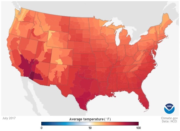 USA mappa temperature luglio 2017
