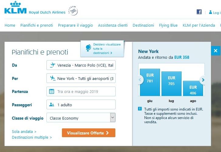 KLM sito ricerca calendario prezzi