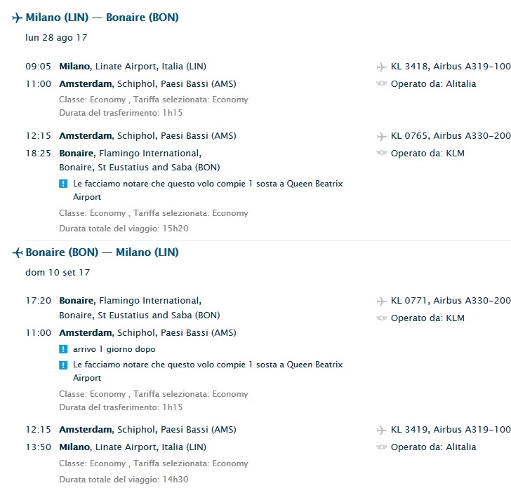 orari voli KLM Milano Bonaire