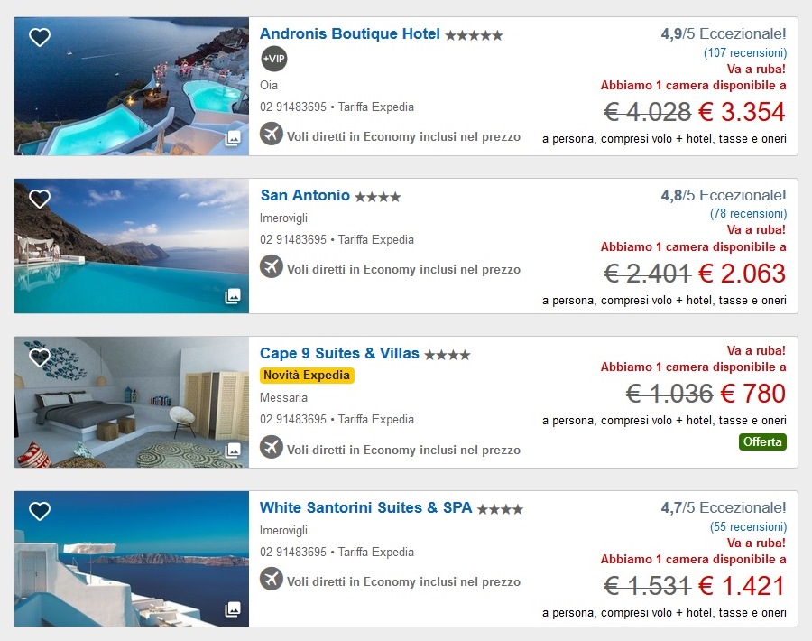 offerte pacchetti volo hotel Santorini