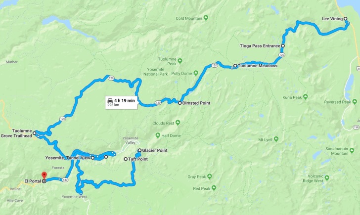 itinerario attraversamento Yosemite national park California