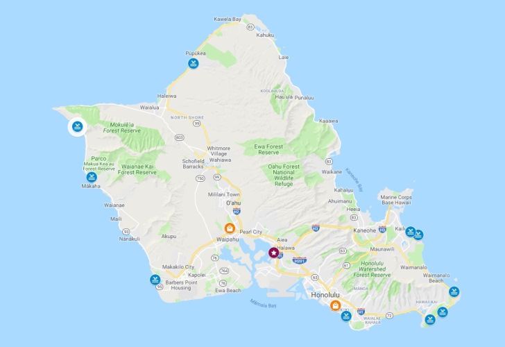 mappa spiagge piu belle Oahu Hawaii
