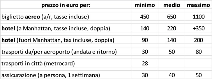 costi viaggio New York