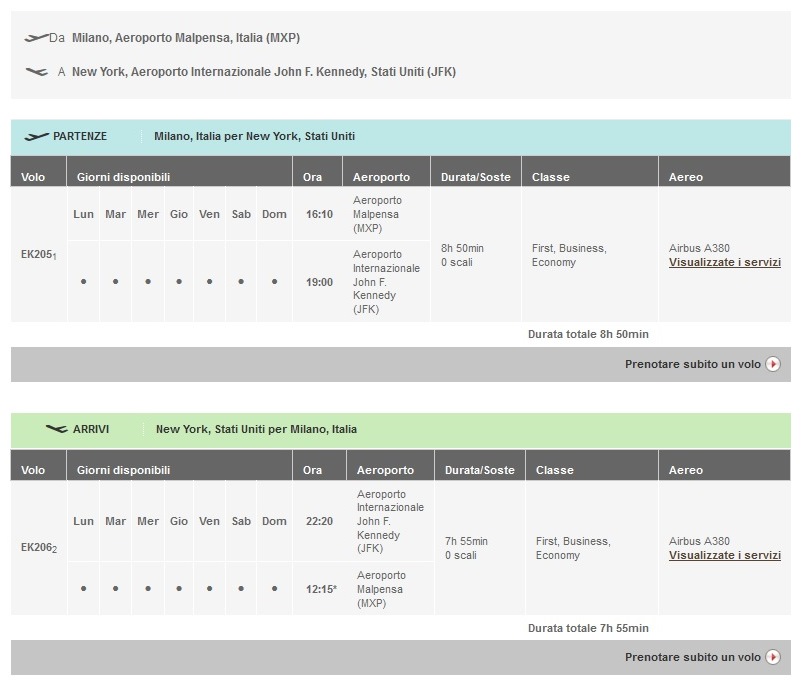 orari voli diretti Emirates Milano New York