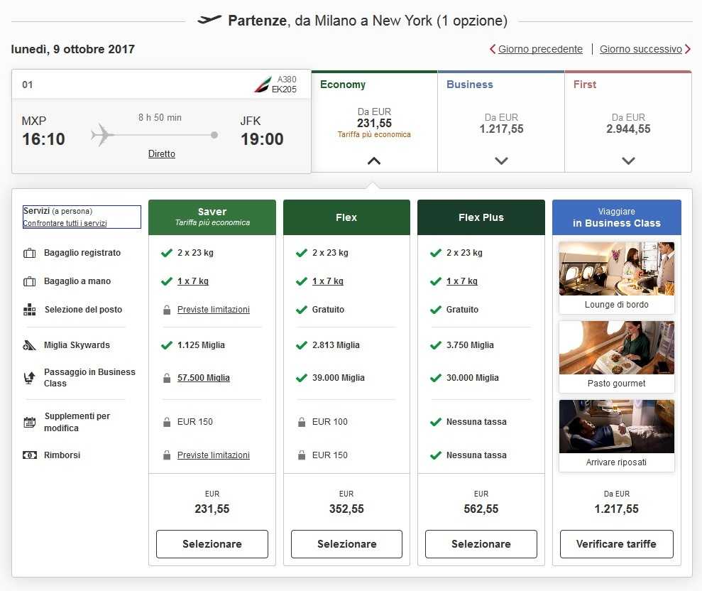 voli Emirates Milano New York bagagli condizioni