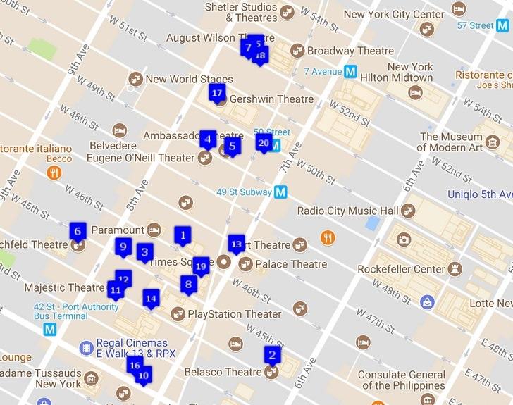 mappa teatri Broadway New York