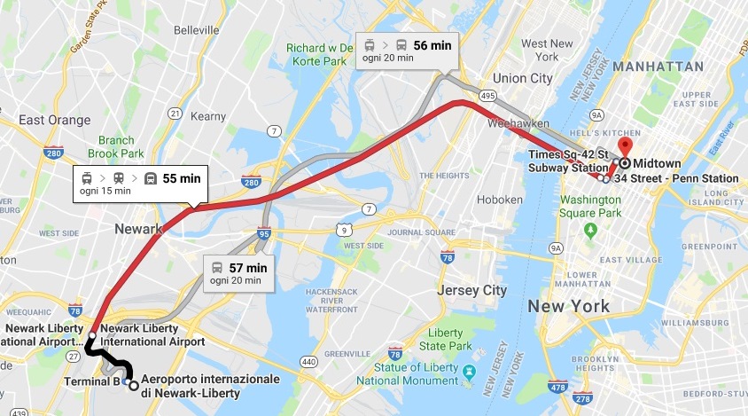 mappa treno EWR Manhattan