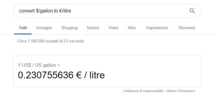 conversione dollari gallone euro litro Google