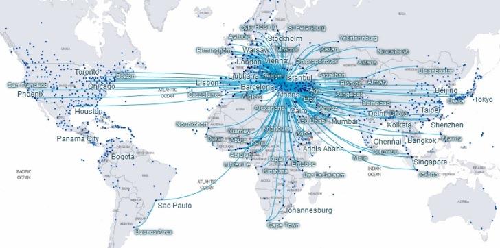 Turkish Airlines destinazioni route map