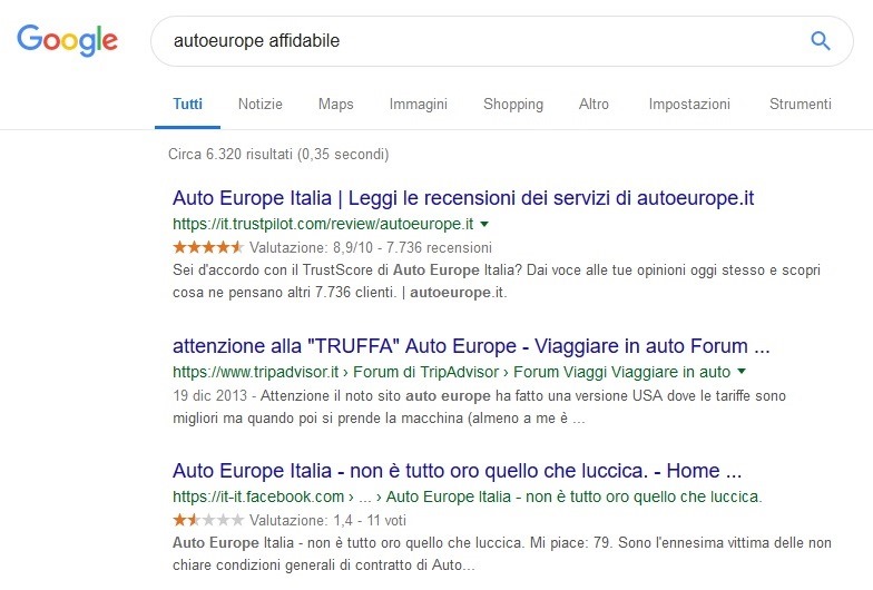 autoeurope affidabile risultati ricerca Google